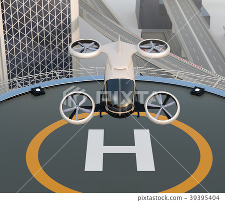 Front image of an autonomous drone taxi taking off and landing from the heliport. Flying car concept Front image of an autonomous drone taxi taking off and landing from the heliport. Flying car concept 39395404