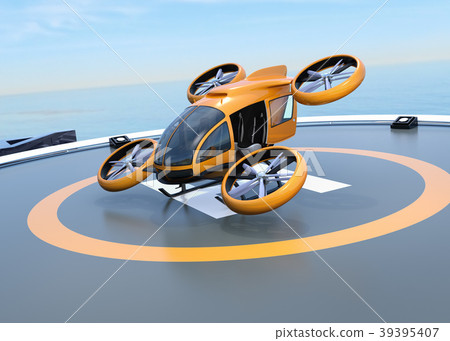 在直升機場的自主無人機出租車的圖像。飛行汽車的概念 39395407