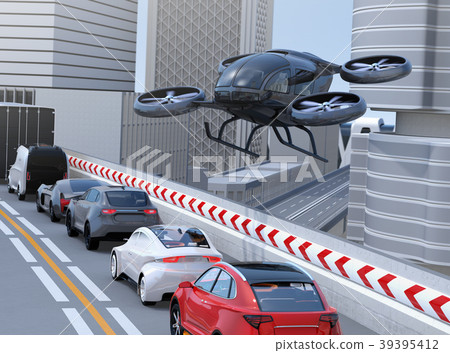 Image of an autonomous drone taxi that flies sideways on a highway jam. Flying car concept 39395412