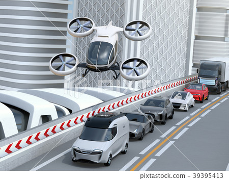 Image of an autonomous drone taxi that flies sideways on a highway jam. Flying car concept 39395413