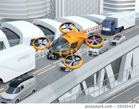 Image of a self-driving drone taxi flying over a busy train on a freeway. Flying car concept 39395417