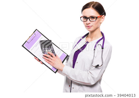 Young beautiful female doctor holding clipboard 39404013