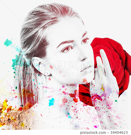 Portrait of young woman and colorful paint blots. Portrait of young woman and colorful paint blots. 39404623