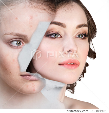 Woman with healthy skin looking from hole in old 39404906