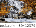 The waterfall flows through the yellow tree trunk. 39412379