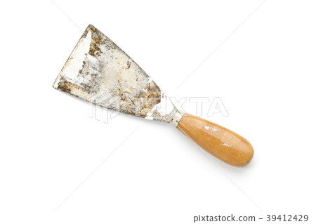old metal spatula with color and rust isolated on white 39412429