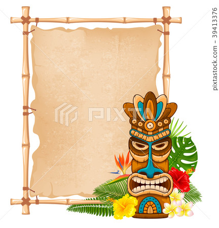 Wooden Tiki mask and bamboo signboard 39413376