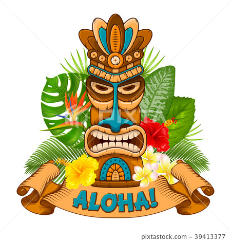 Wooden Tiki mask and signboard of bar Wooden Tiki mask and signboard of bar 39413377