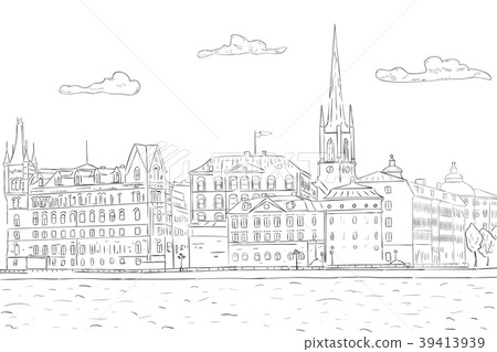 Old city of Stockholm, lake view. Hand drawn 39413939