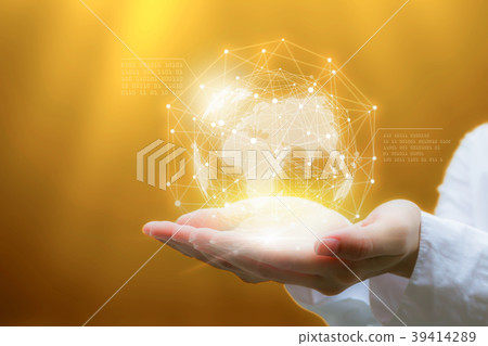 Businessman holding in hand with global connection 39414289