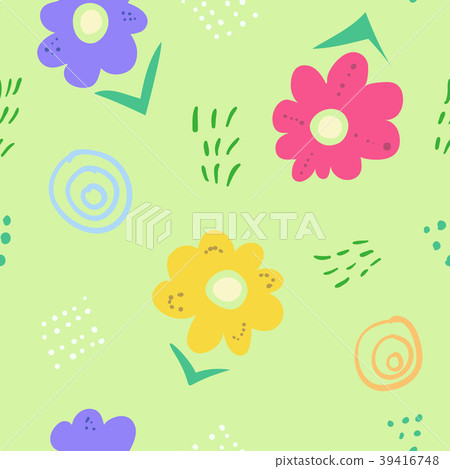 Cute simple kids doodle flowers on green pattern Cute simple kids doodle flowers on green pattern 39416748