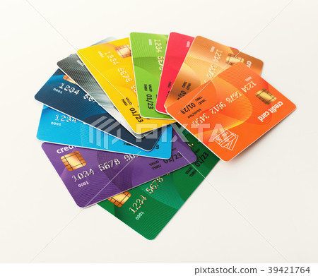 Collection of colourful credit cards isolated 39421764