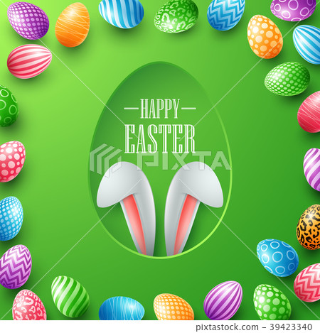 Happy Easter card with bunny ears hiding in egg ho Happy Easter card with bunny ears hiding in egg ho 39423340