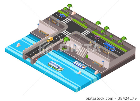Vector isometric riverside embankment car roadway 39424179