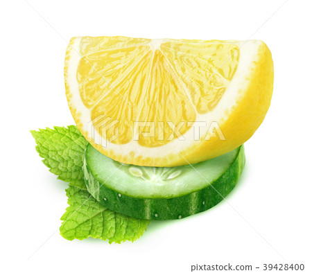 Isolated pieces of cucumber and lemon Isolated pieces of cucumber and lemon 39428400