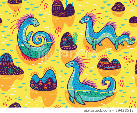 Vector seamless pattern with cute Loch Ness Vector seamless pattern with cute Loch Ness 39428512