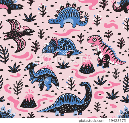 Cute cartoon dinosaurs seamless pattern in pink 39428575