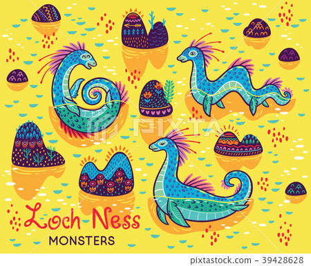 Cartoon Loch Ness Monsters and decorative hills in Cartoon Loch Ness Monsters and decorative hills in 39428628