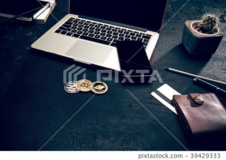The golden bitcoin, phone, keyboard The golden bitcoin, phone, keyboard 39429333