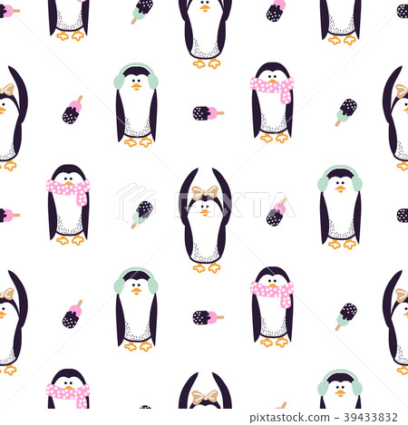 Seamless vector pattern with cute kid penguins. 39433832