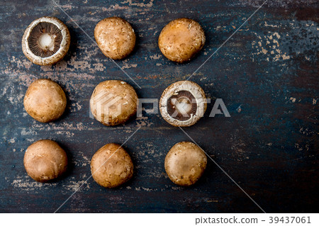 PORTOBELLO MUSHROOM on dark background, top view PORTOBELLO MUSHROOM on dark background, top view 39437061