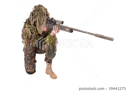 Camouflaged sniper in ghillie suit Camouflaged sniper in ghillie suit 39441275
