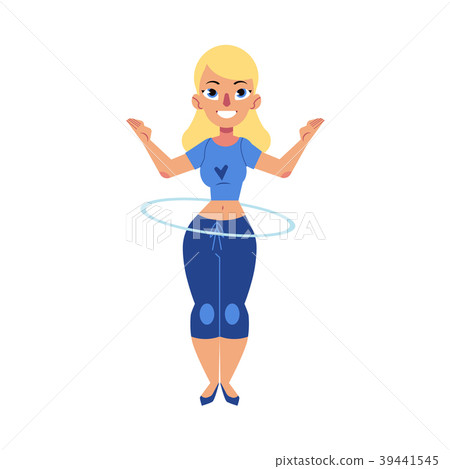 Young woman makes sports twirling hula hoop around 39441545