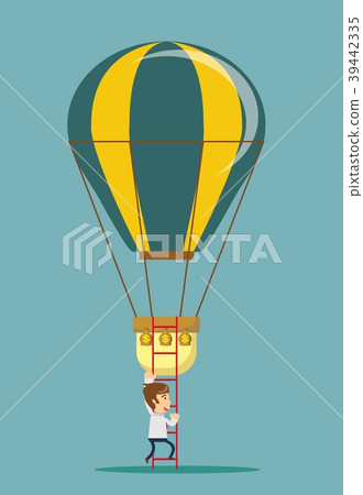 Man climb a ladder to a air balloon. 39442335