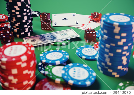 3D illustration casino game. Chips, playing cards 3D illustration casino game. Chips, playing cards 39443070