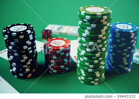 3D illustration casino game. Chips, playing cards 3D illustration casino game. Chips, playing cards 39443152