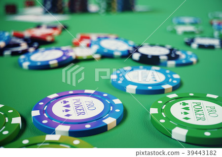 3D illustration casino game. Chips, playing cards 3D illustration casino game. Chips, playing cards 39443182