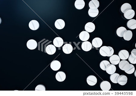 3D rendering pills, white pills scattered on black 39443598