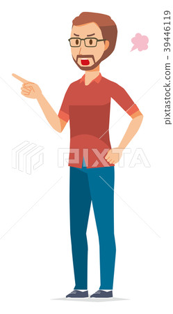 戴眼鏡的有鬍子的人惱怒和指向一個手指 戴眼鏡的有鬍子的人惱怒和指向一個手指 39446119