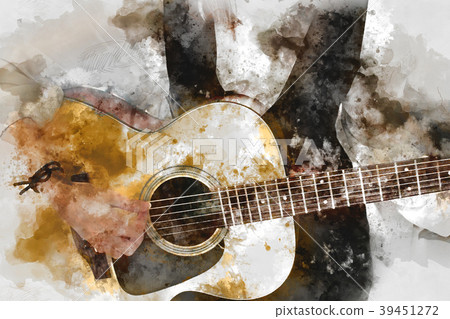 Women playing Guitar on Watercolor painting. Women playing Guitar on Watercolor painting. 39451272