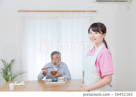 Young carer and grandpa enjoy meal conversation assistance nutrition management nursing home day care center Young carer and grandpa enjoy meal conversation assistance nutrition management nursing home day care center 39452163