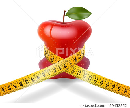 Dieting concept red apple with measuring tape on w 39452852