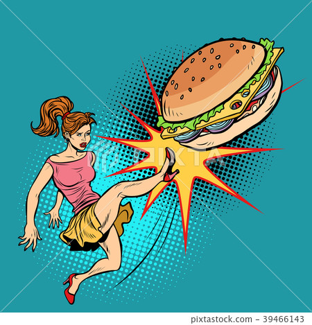 Woman kicks Burger, fastfood and healthy food 39466143