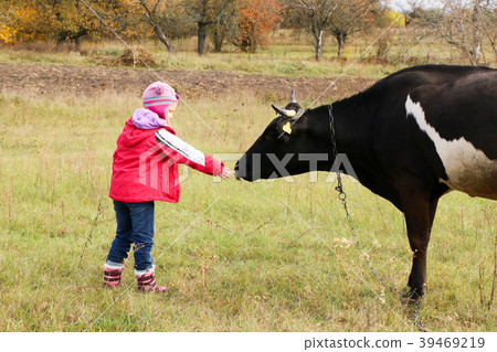 Beautiful little girl stands on meadow near black Beautiful little girl stands on meadow near black 39469219