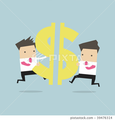 Businessmen pushing a pieces of dollar sign. Businessmen pushing a pieces of dollar sign. 39476314