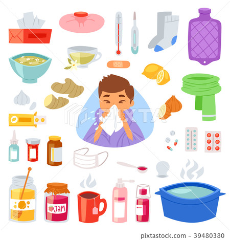 Flu vector sick character with fever and illness Flu vector sick character with fever and illness 39480380