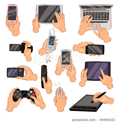 Hands with gadgets vector hand holding phone or Hands with gadgets vector hand holding phone or 39480381