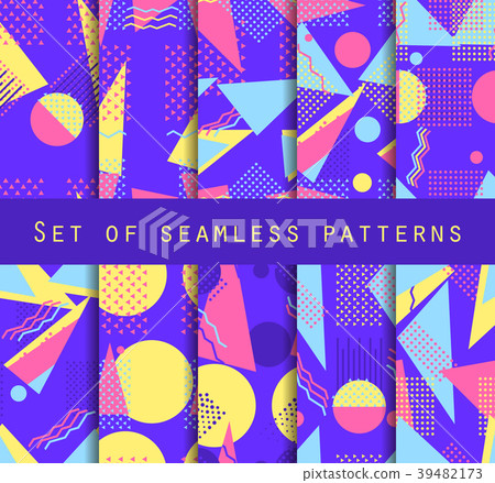 Memphis seamless pattern set. Geometric elements Memphis seamless pattern set. Geometric elements 39482173