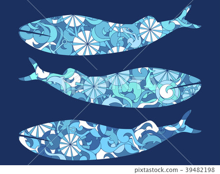 Whale with marine pattern. Background with waves Whale with marine pattern. Background with waves 39482198