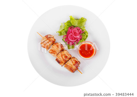 Shish kebab with sauce isolated without garnish Shish kebab with sauce isolated without garnish 39483444