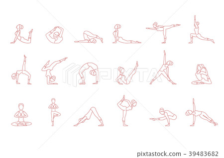 Women pink silhouettes in yoga poses set, asana - Stock