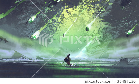 man running from falling meteorites man running from falling meteorites 39487136