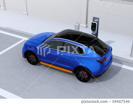 充電電動的SUV的圖像,當停放在路肩膀時 充電電動的SUV的圖像,當停放在路肩膀時 39487540