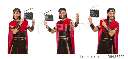 Gladiator with clapper-board isolated on white 39488551