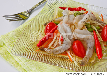 Thai food, green papaya salad with rare shrimp. Thai food, green papaya salad with rare shrimp. 39490287