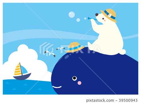 Summer greeting card illustration whale and white bear Summer greeting card illustration whale and white bear 39500943
